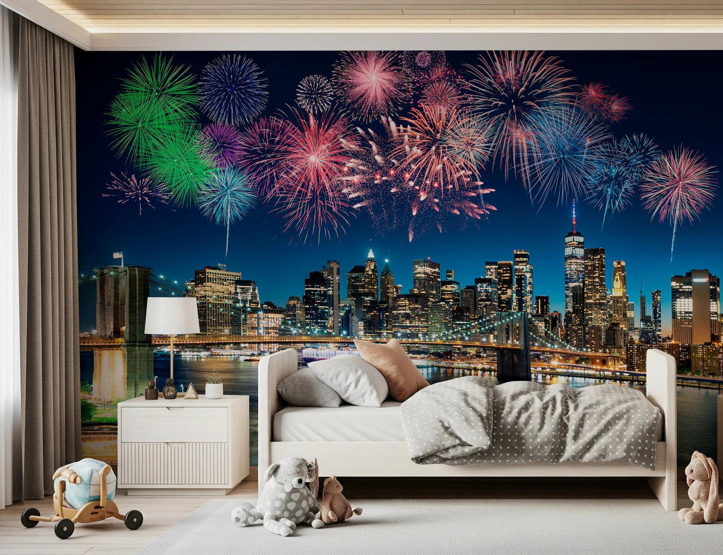 Nighttime metropolitan wallpaper showing skyscrapers and pyrotechnic displays.