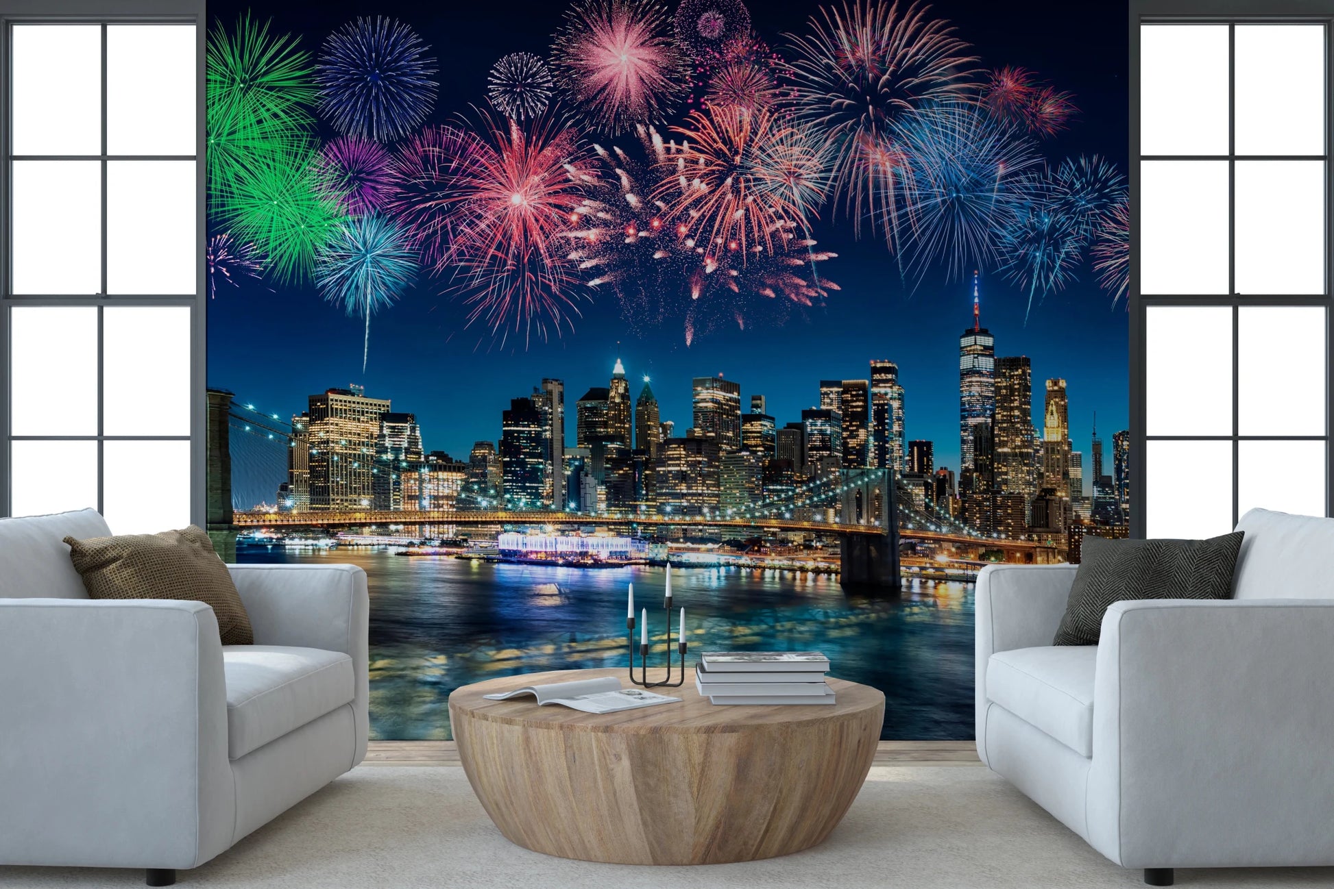 Contemporary fireworks wall mural depicting a celebration in a bustling city.