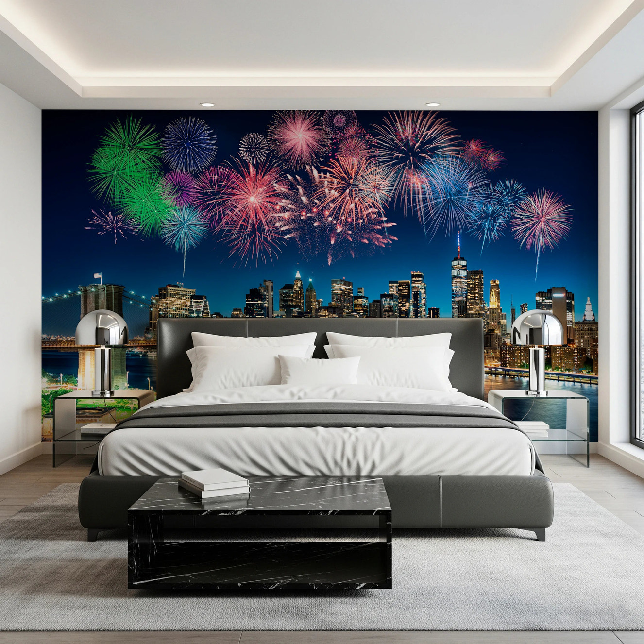 Urban Fireworks Wall Mural with vibrant bursts of light on a dark night sky.