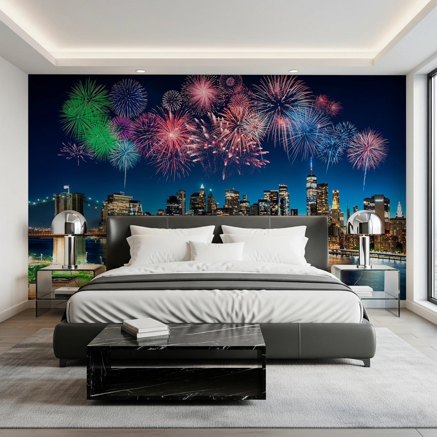 Urban Fireworks Wall Mural with vibrant bursts of light on a dark night sky.