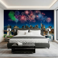 Urban Fireworks Wall Mural with vibrant bursts of light on a dark night sky.