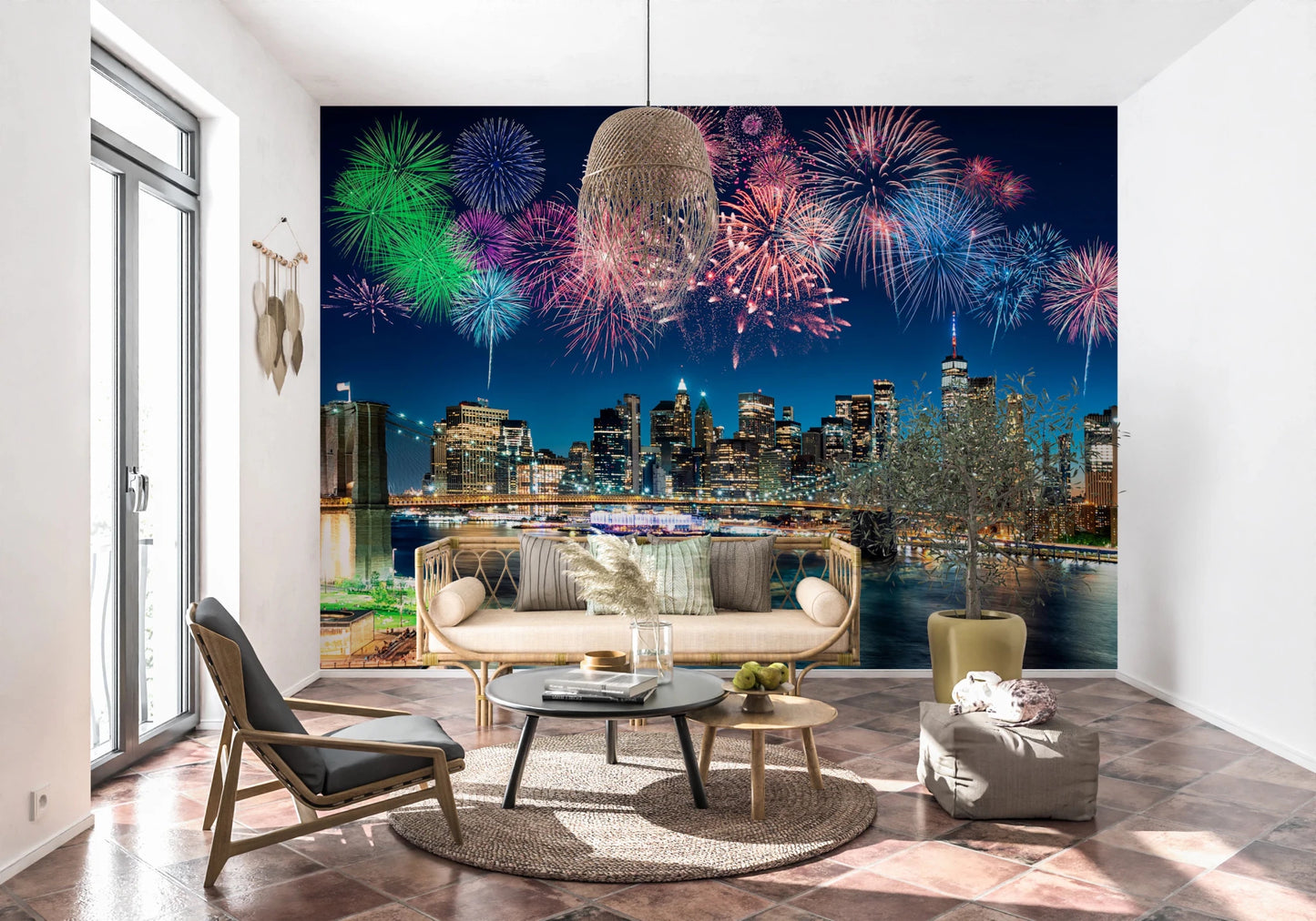 Vivid Urban Fireworks Wall Mural creating a dynamic visual for large walls.