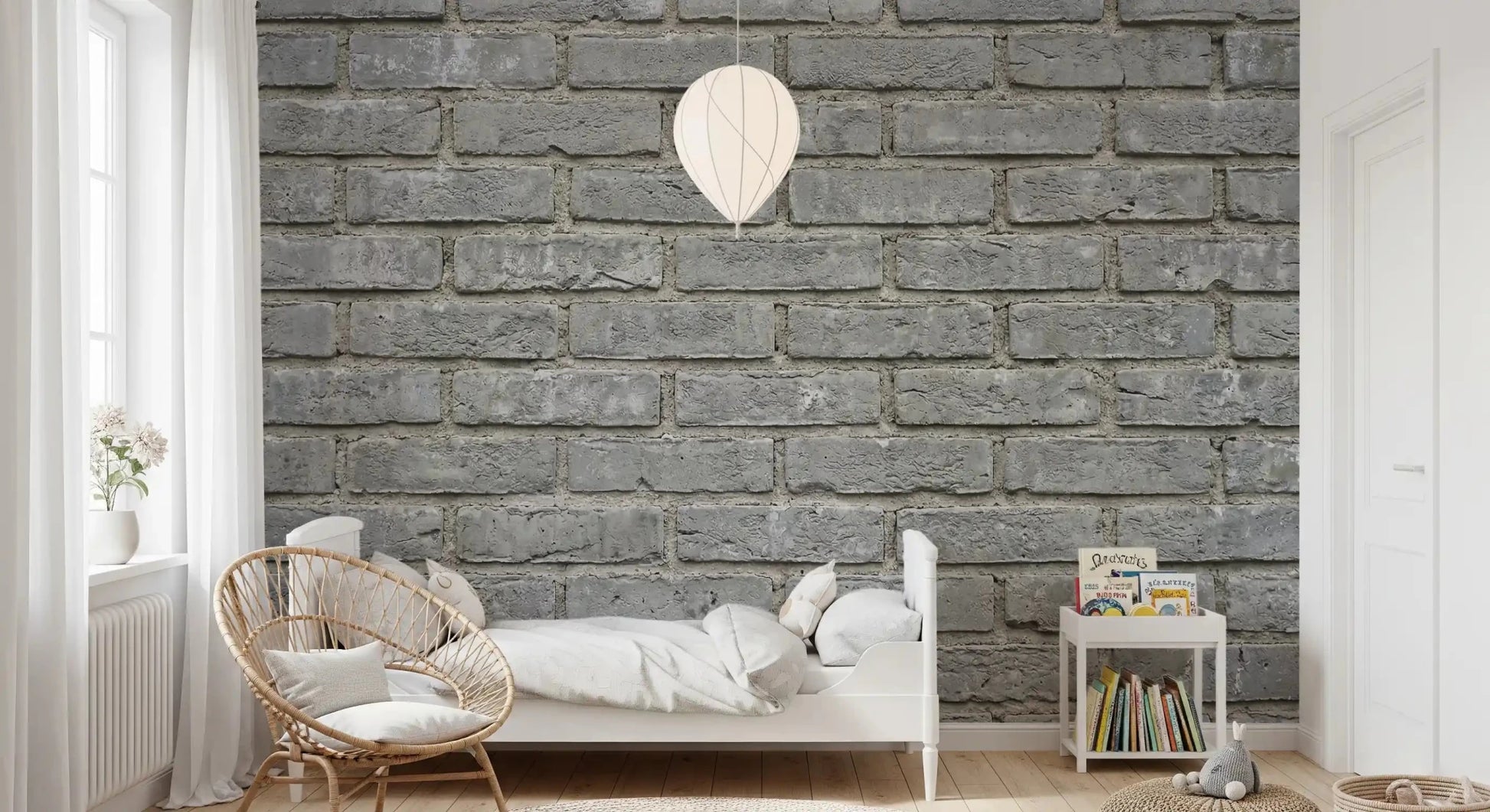 Bedroom styled in Urban Gray Brick Texture Wall Mural with soft mortar lines
