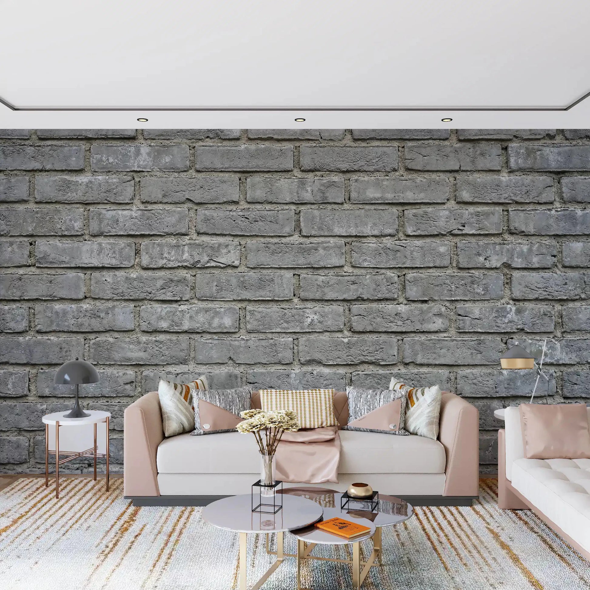 Living room with Urban Gray Brick Wall Mural and weathered masonry detail