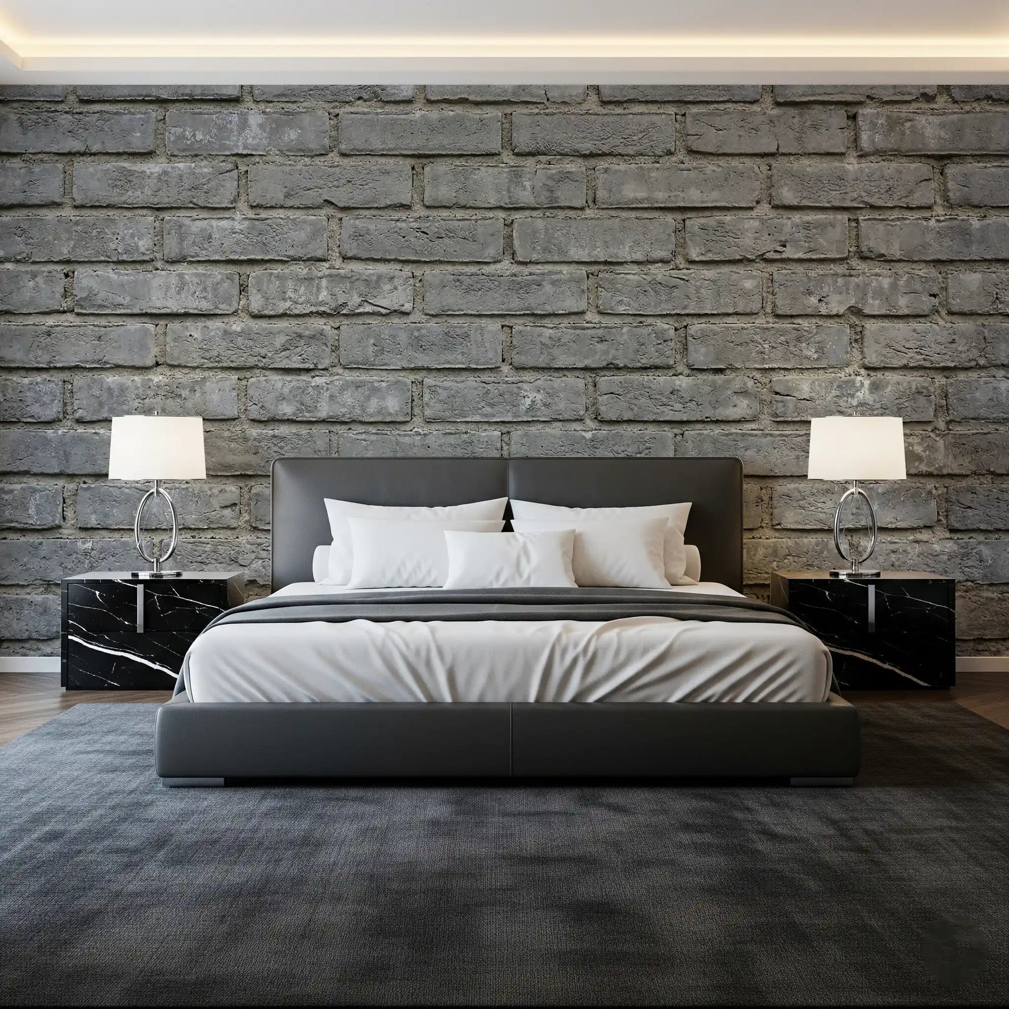Bedroom wall finished with Urban Gray Brick Wall Mural and layered blocks, GD9433