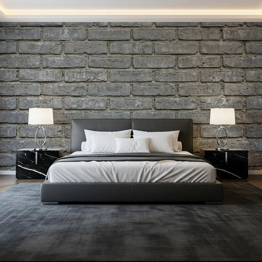 Bedroom wall finished with Urban Gray Brick Wall Mural and layered blocks