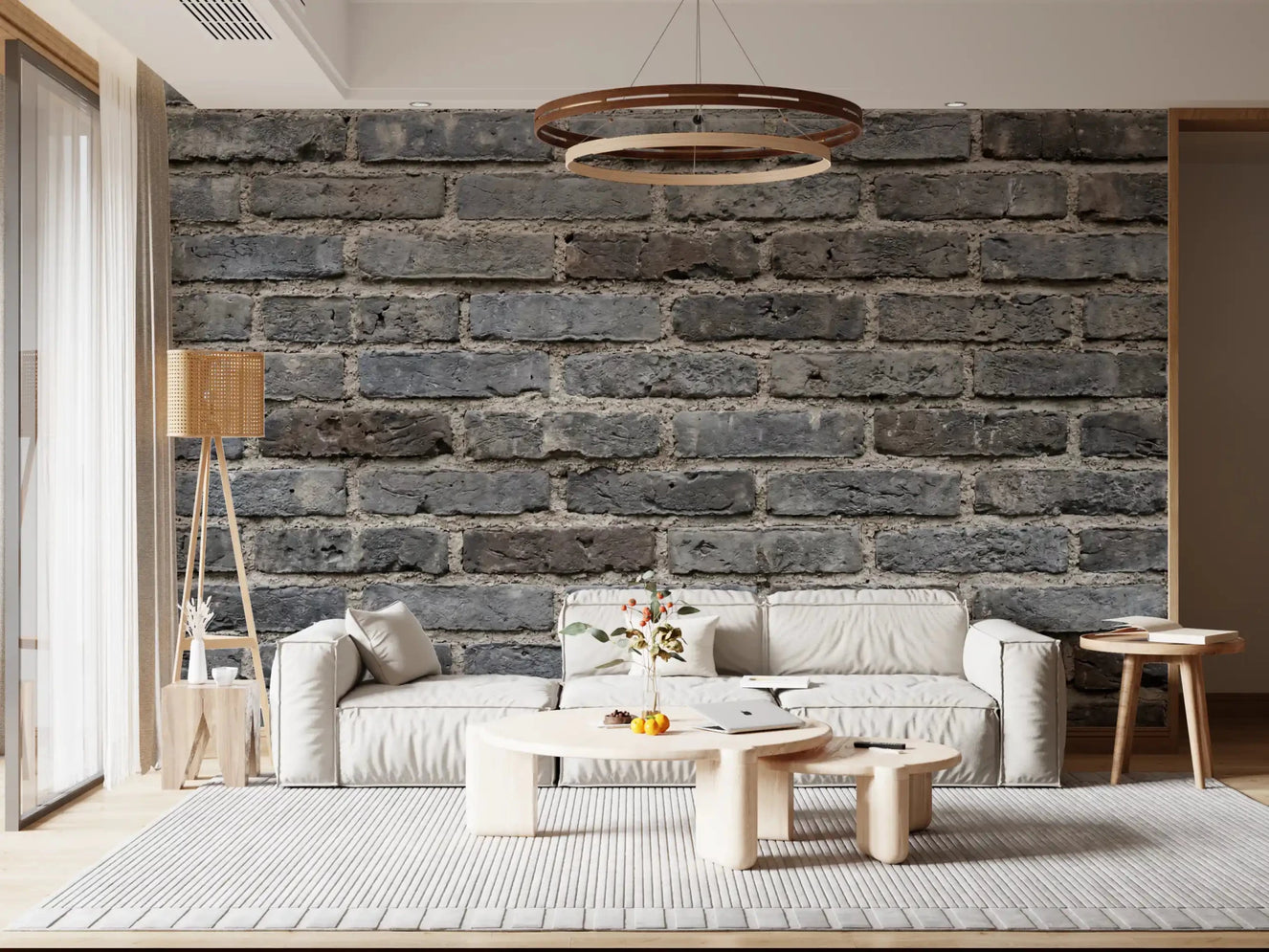 Living room with Urban Gray Brickwork Texture Wall Mural in worn brick style