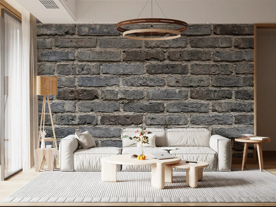 Living room with Urban Gray Brickwork Texture Wall Mural in worn brick style, GD9434