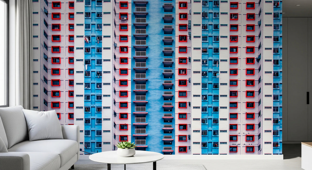 Red framed windows in Urban Gridlock wall mural for a hallway, GD8139