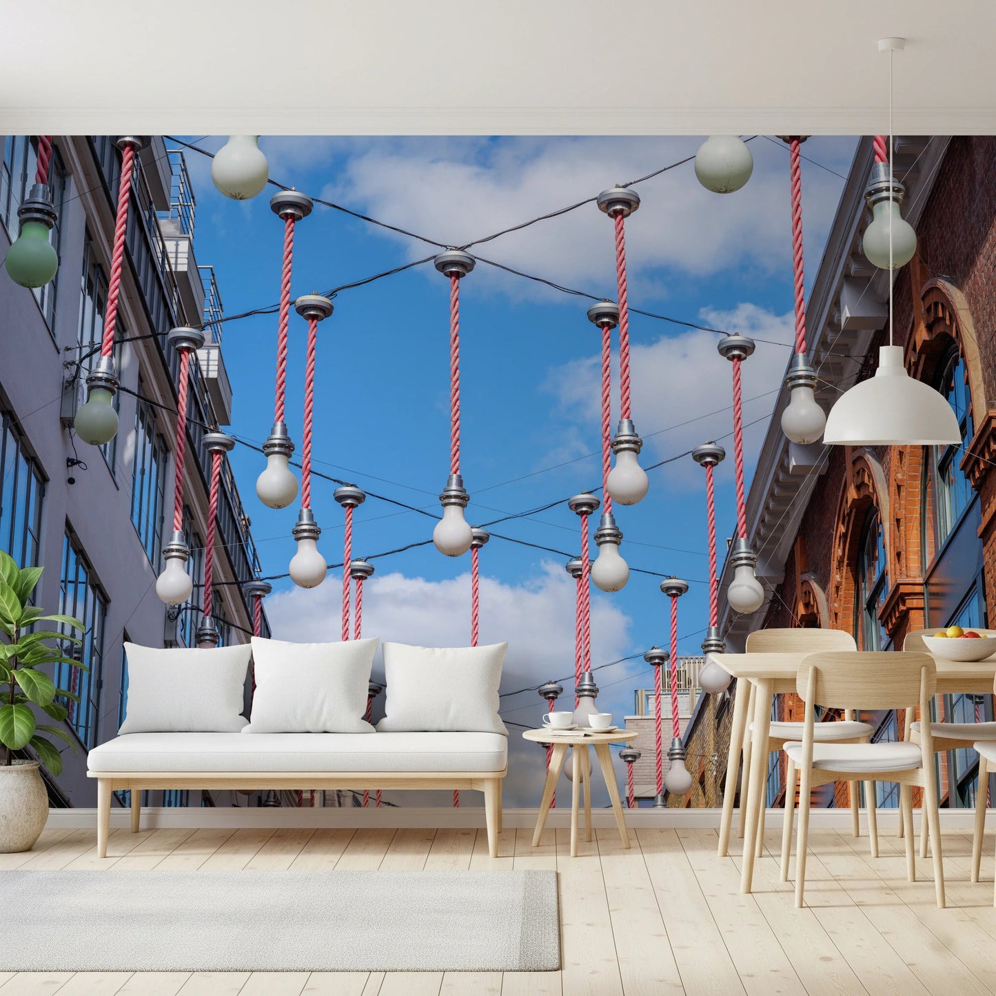 Close-up view of Urban Hanging Lights Wall Mural with suspended bulbs and city buildings, GD8870