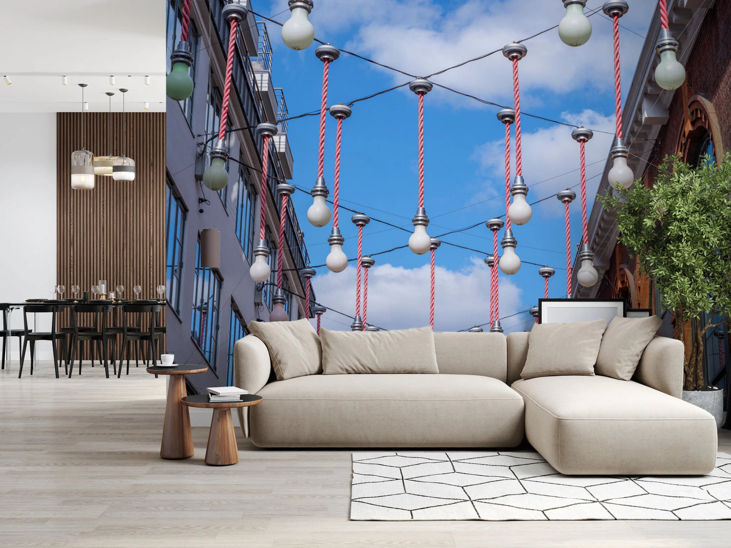 Urban Hanging Lights Wall Mural set behind a calm Living setup with natural wood tones, GD8870