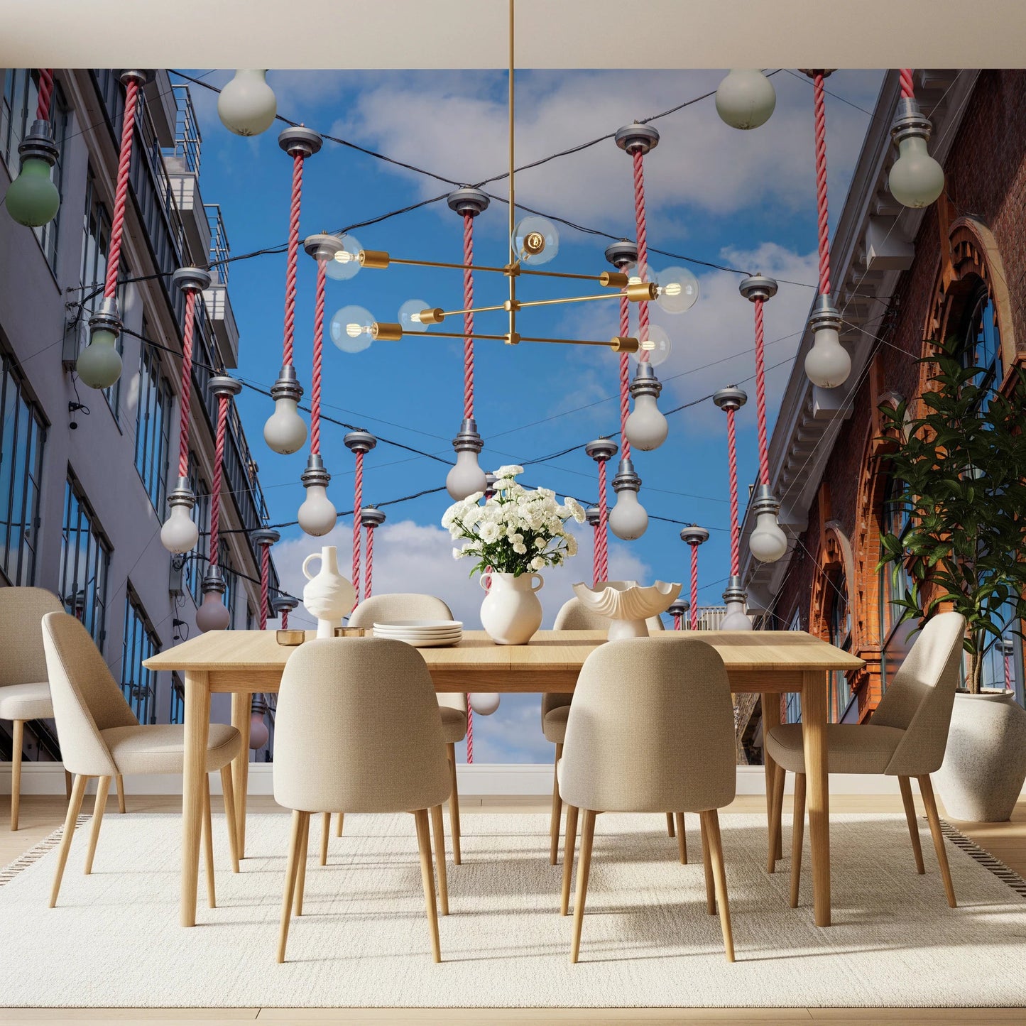 Urban Hanging Lights Wall Mural brightening a dining room with a tall city-sky view, GD8870