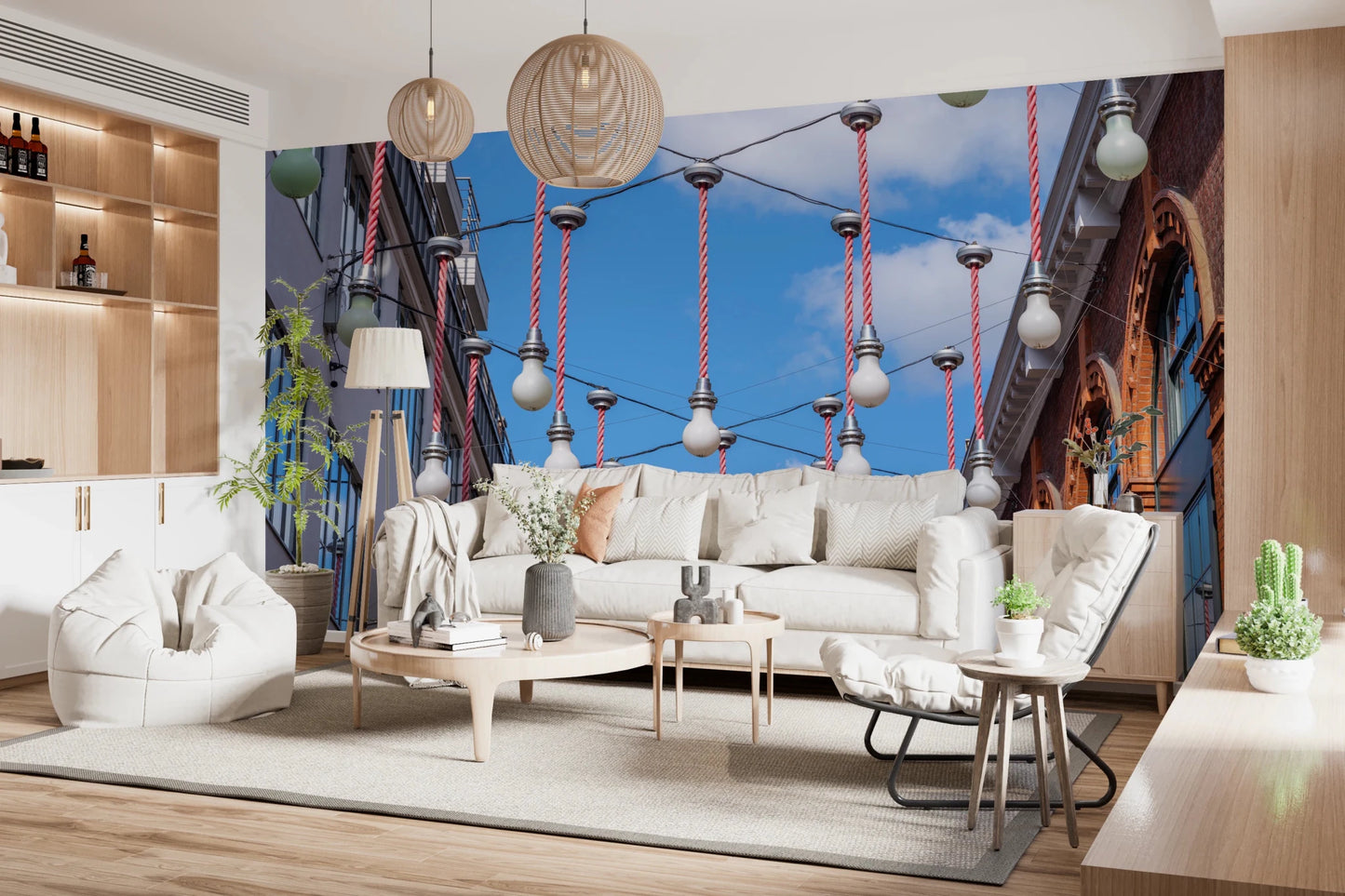 Urban Hanging Lights Wall Mural creating a fresh focal wall in a clean lounge space, GD8870