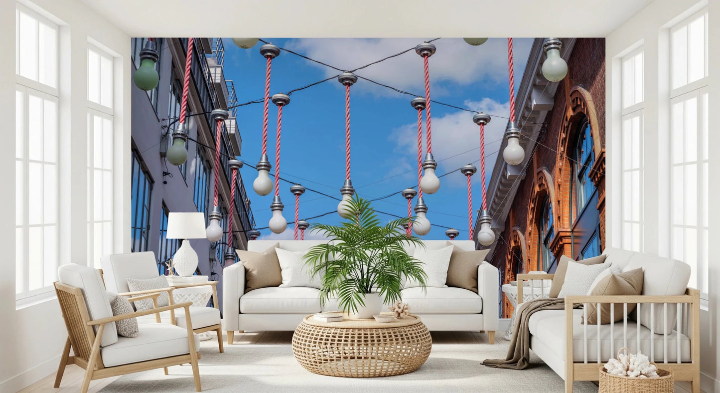 This airy Living corner features Urban Hanging Lights Wall Mural and open sky above, GD8870