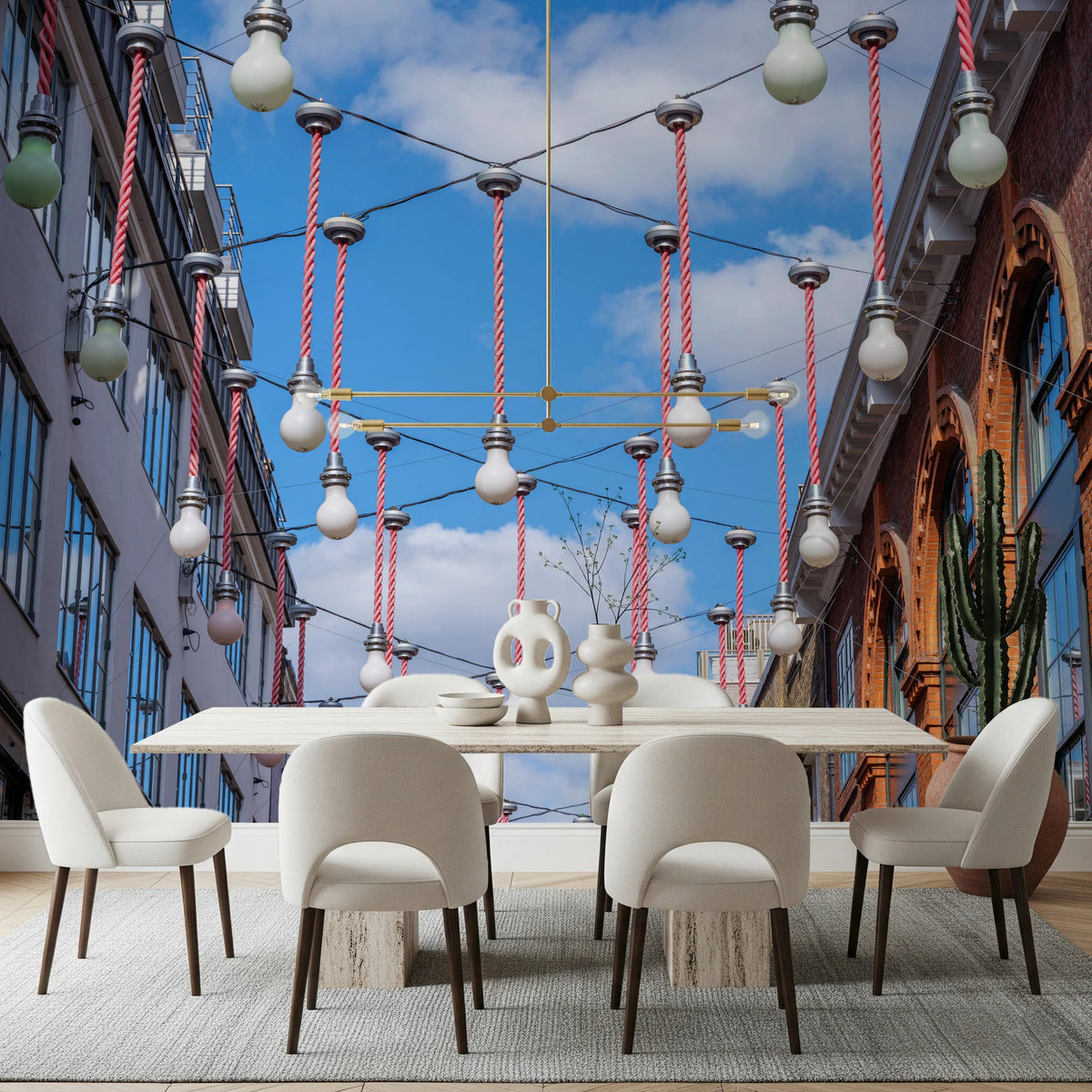 A modern dining space styled with Urban Hanging Lights Wall Mural and hanging bulbs, GD8870