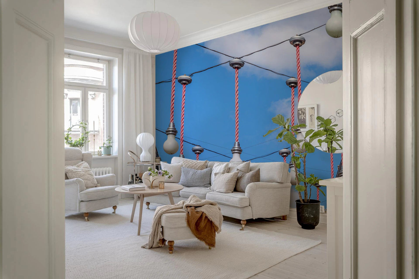 Urban Hanging Lights Wall Mural adding a lively backdrop to a bright living room, GD8870