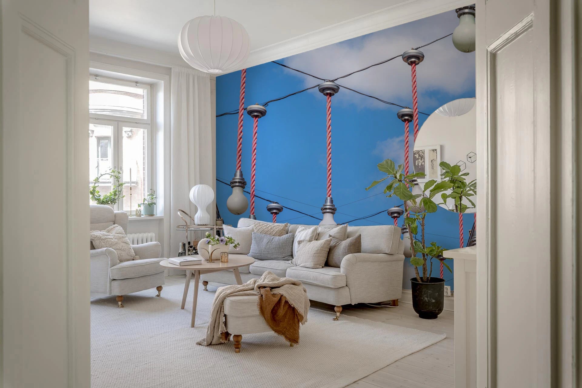 Urban Hanging Lights Wall Mural adding a lively backdrop to a bright living room, GD8870