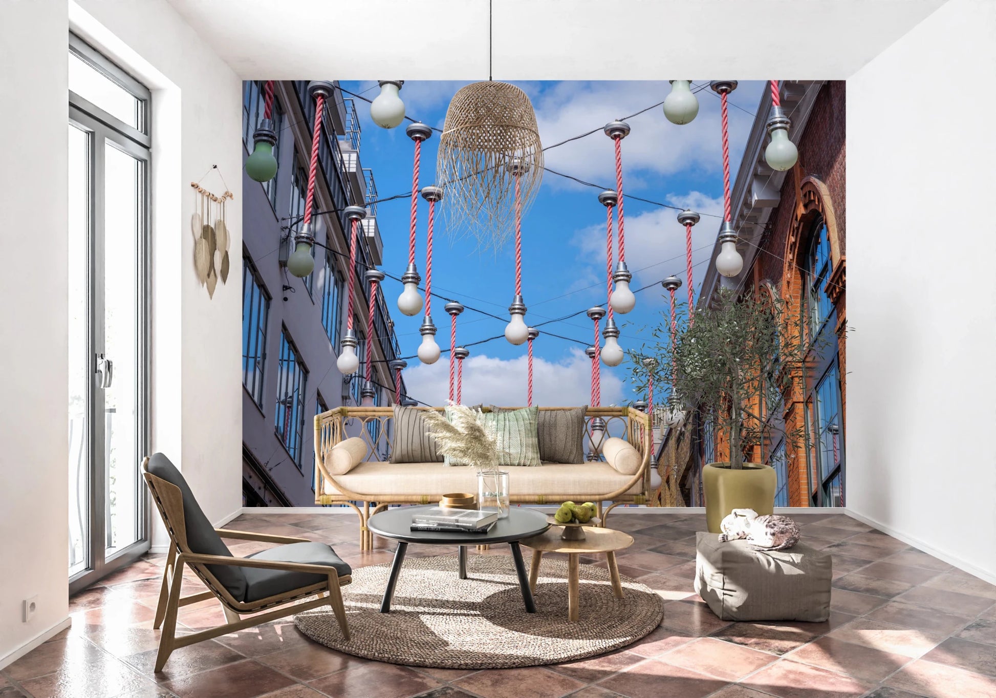 Urban Hanging Lights Wall Mural bringing vertical city detail into a modern Living room, GD8870