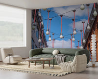 A relaxed Living room scene framed by Urban Hanging Lights Wall Mural and blue sky tones, GD8870