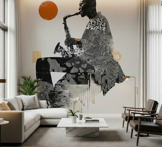 Urban Jazz Wall Mural gives this living room a bold saxophone-led focal point