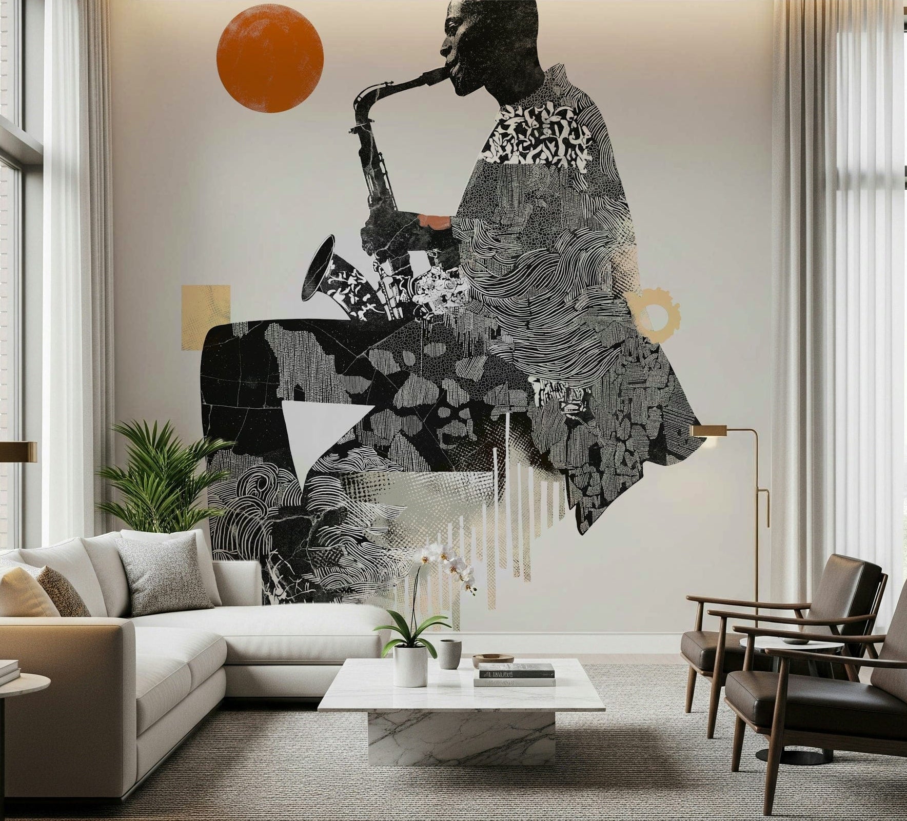Urban Jazz Wall Mural gives this living room a bold saxophone-led focal point, GD7911