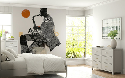 A bright bedroom feels more expressive with Urban Jazz Wall Mural on the wall