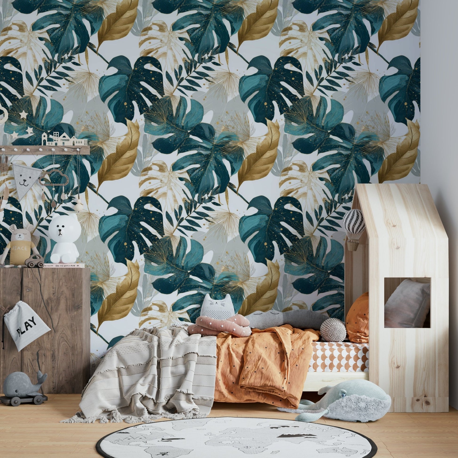 Fern and monstera motifs on jungle-themed wallpaper

