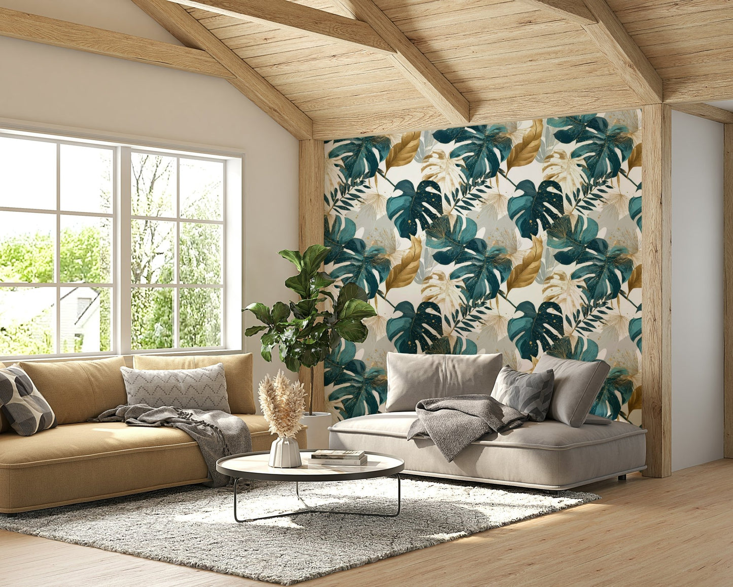 Close-up of tropical plants in lush wallpaper design

