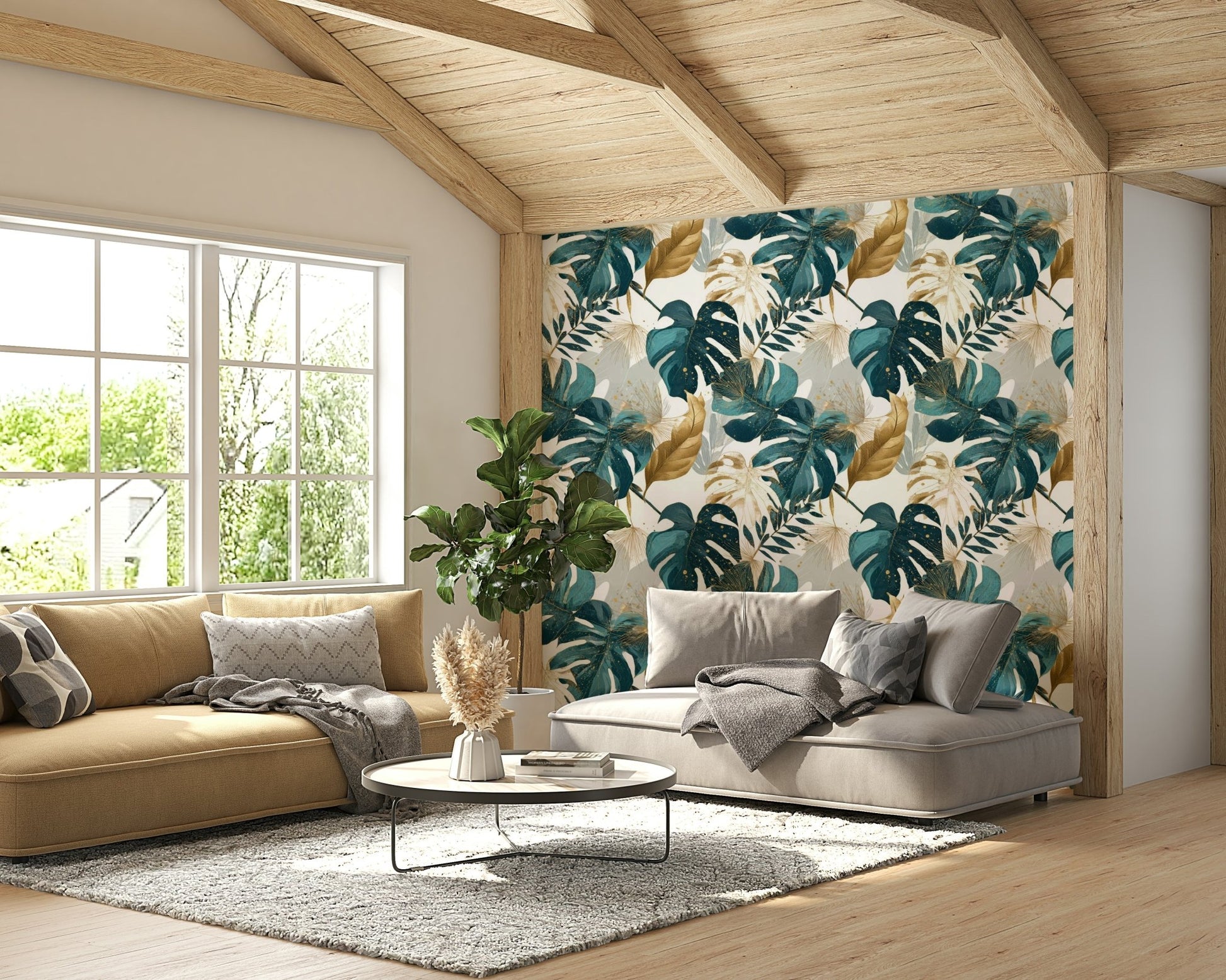 Close-up of tropical plants in lush wallpaper design

