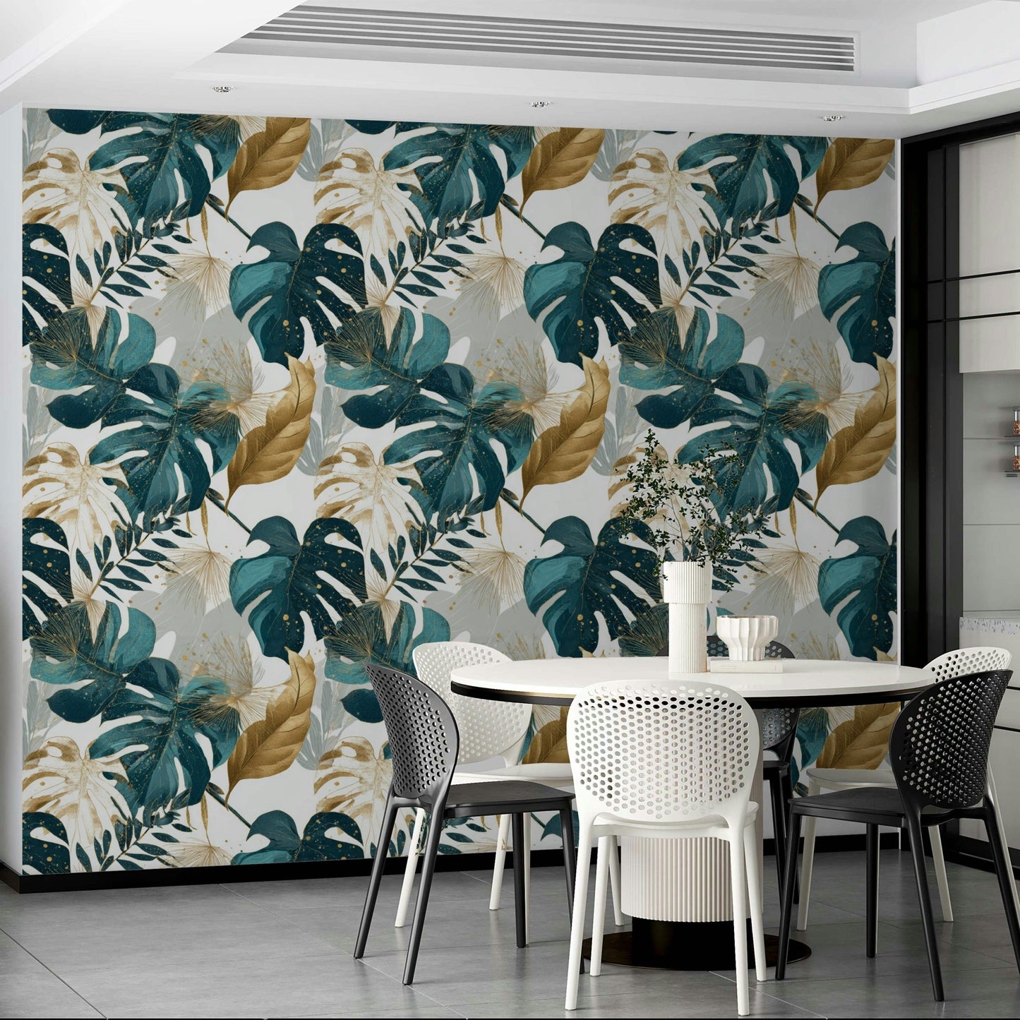 Urban interior with jungle-inspired wallpaper feature wall

