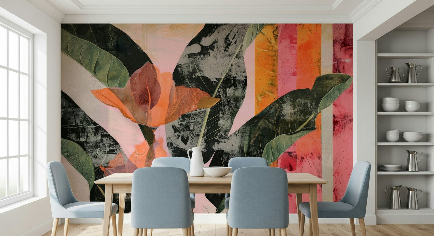 A peaceful overlapping leaf mural on decorative wallpaper.
