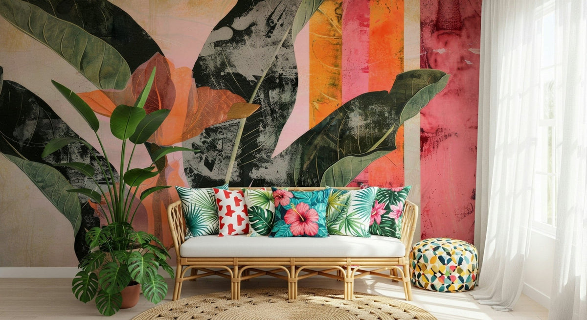 A beautiful layered leaf wallpaper mural with an urban texture., GD5270