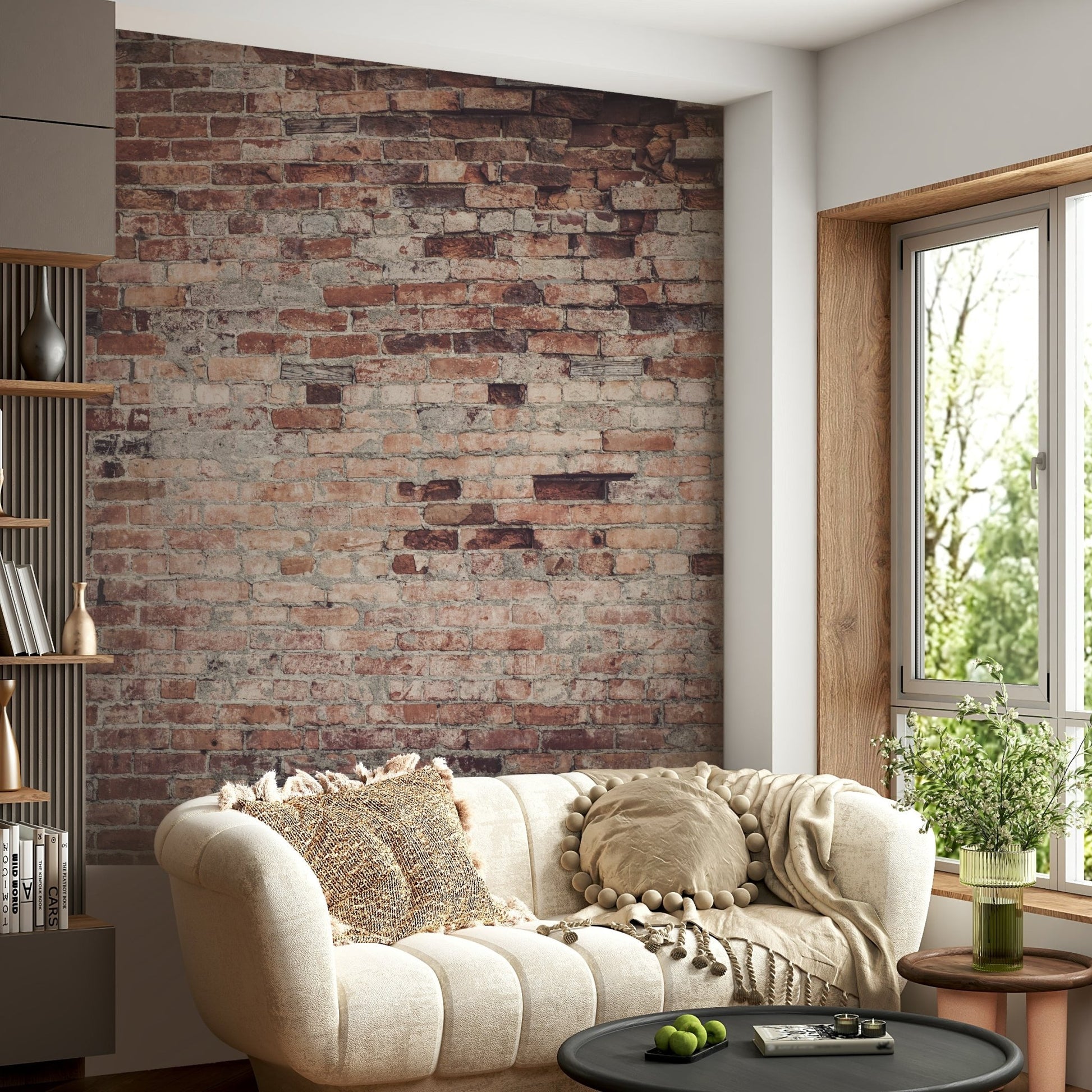 Detail of the faded mortar and weathered bricks in the Urban Loft Texture mural.