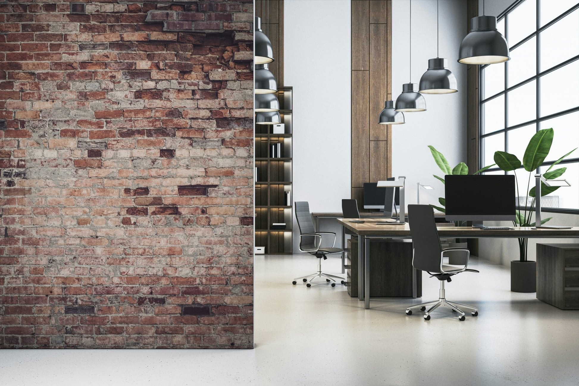 Installation image of the easy-to-apply Urban Loft Texture peel and stick wallpaper.