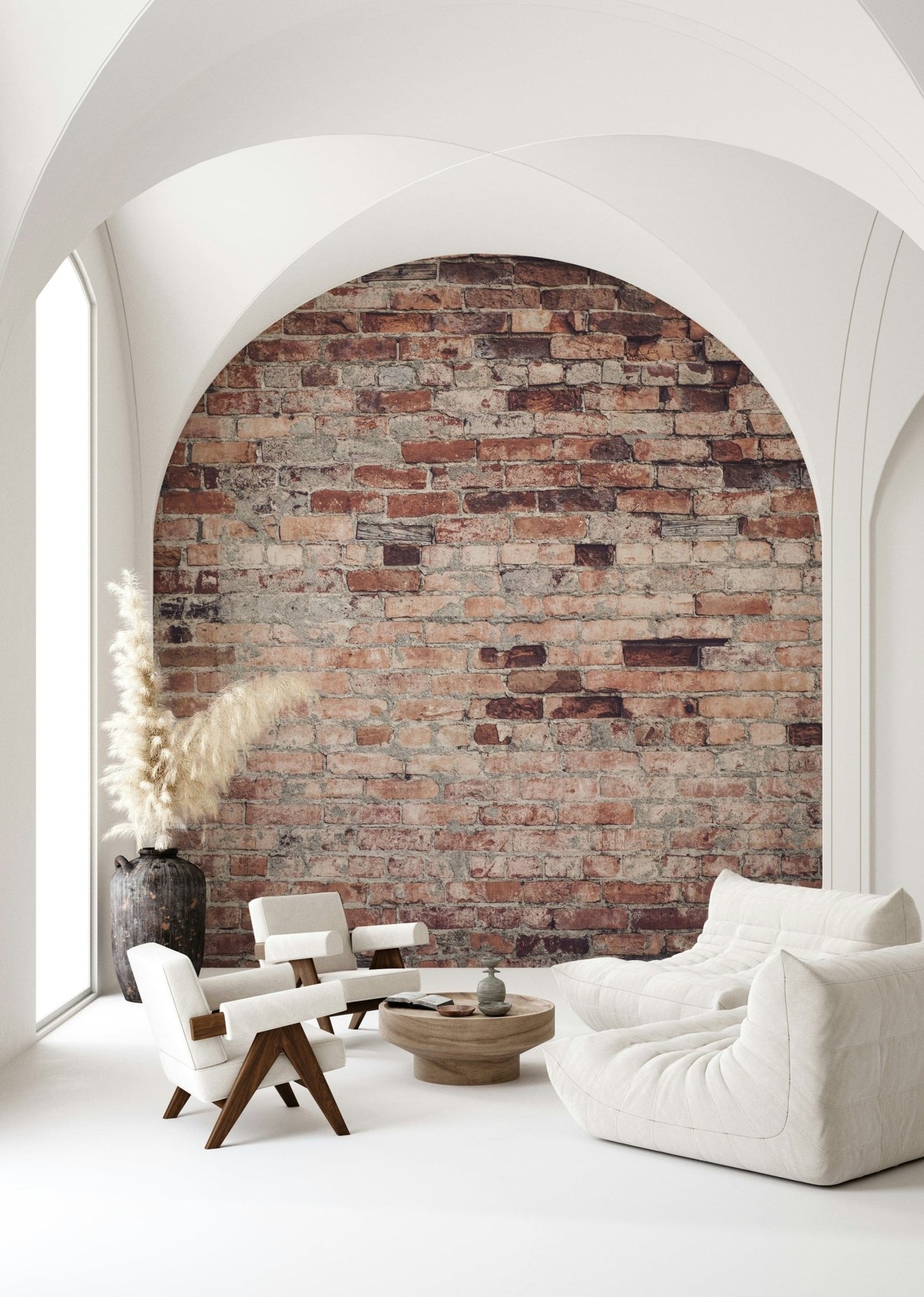 Rustic charm of the Urban Loft Texture peel and stick mural behind shelving.