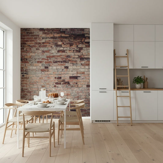 Urban Loft Texture Wall Mural close-up, distressed red brick wallpaper detail.