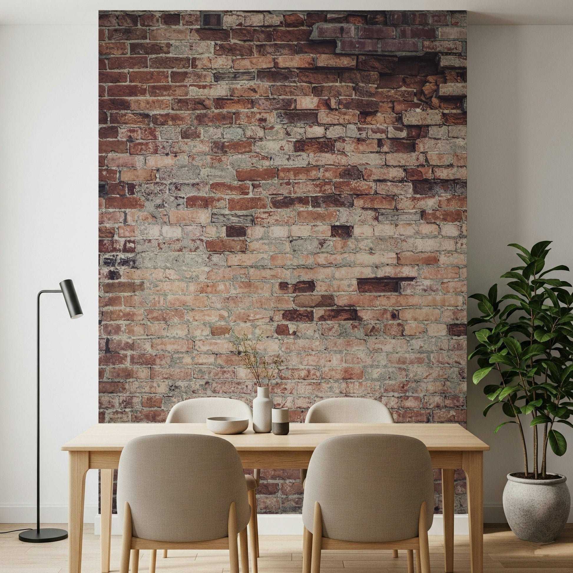 Close view of the authentic aged brick and subtle texture wall mural  in the Urban Loft design.