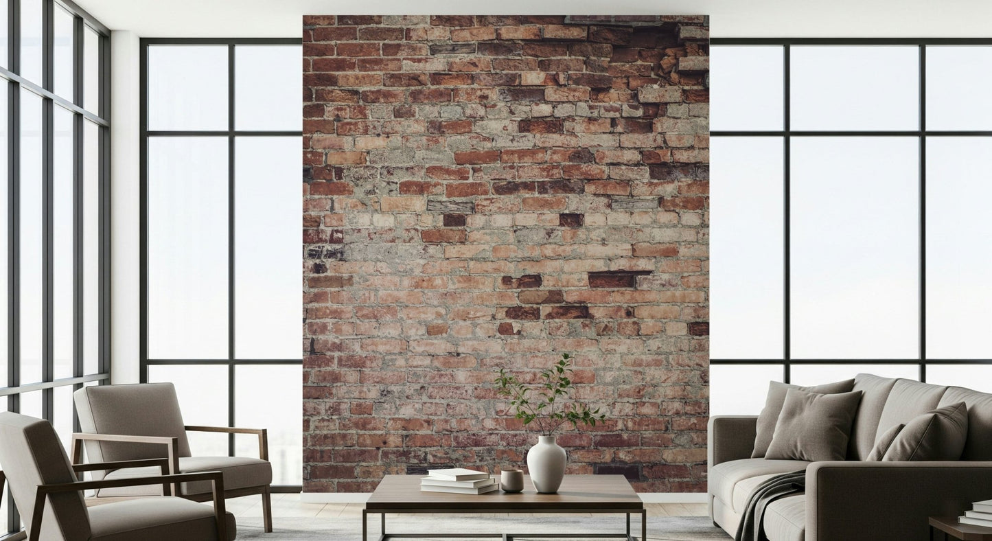 Urban Loft Texture wallpaper mural creating an industrial focal point in a kitchen.