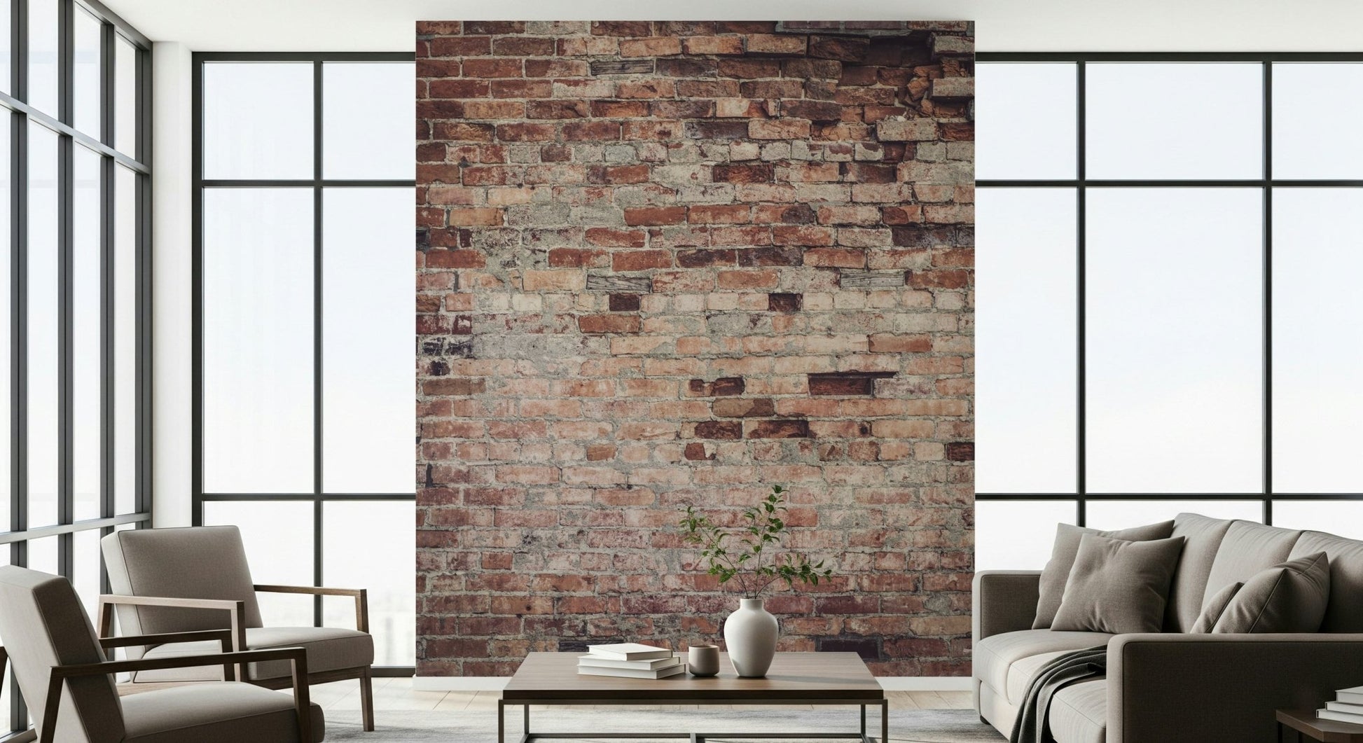 Urban Loft Texture wallpaper mural creating an industrial focal point in a kitchen.