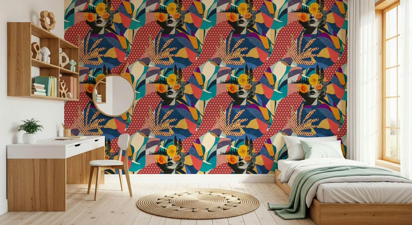 Abstract Urban Muse wall mural for a contemporary bedroom setup., GD7848