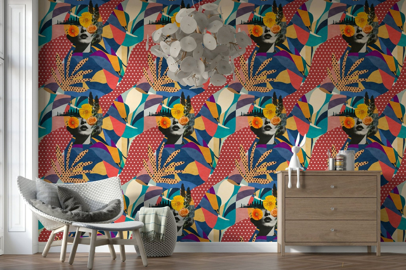 Urban Muse Wallpaper in a modern living room with neutral tones.