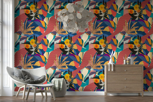 Urban Muse Wallpaper in a modern living room with neutral tones.