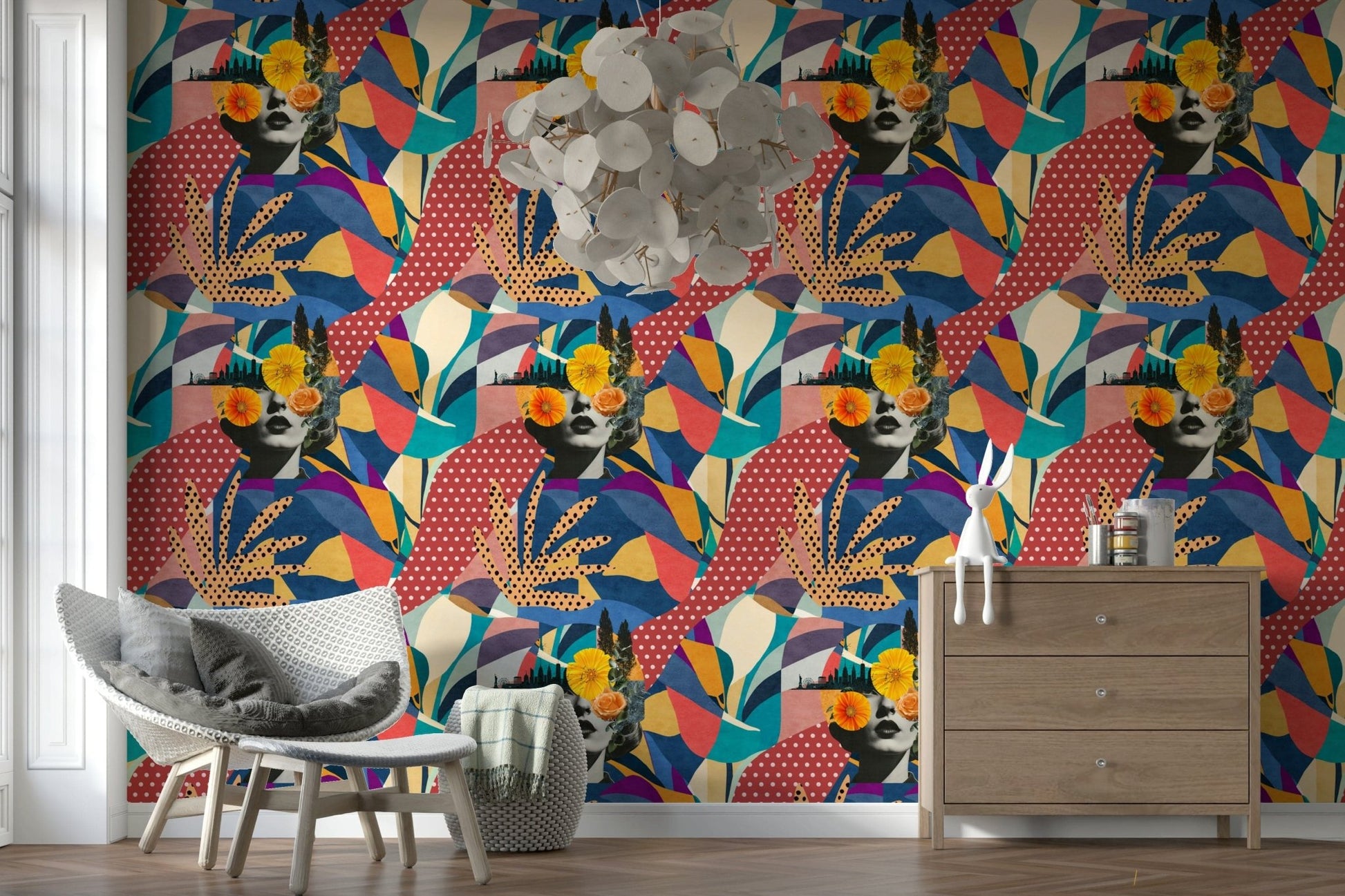 Urban Muse Wallpaper in a modern living room with neutral tones., GD7848