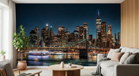 Nighttime city views on an Urban Nightscape wall mural in a dining space.