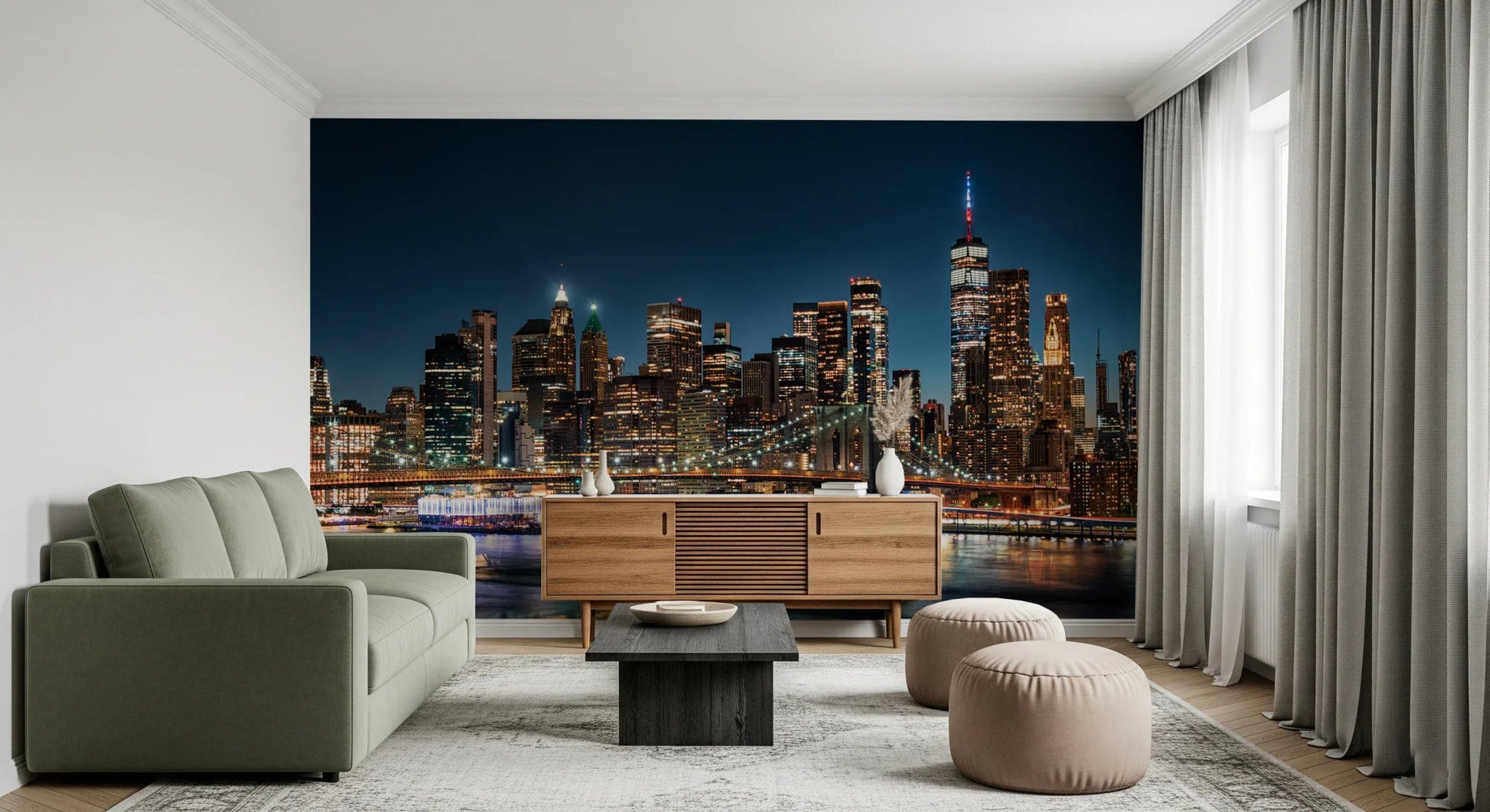 Urban Nightscape wall mural showing illuminated skyscrapers in a home office.