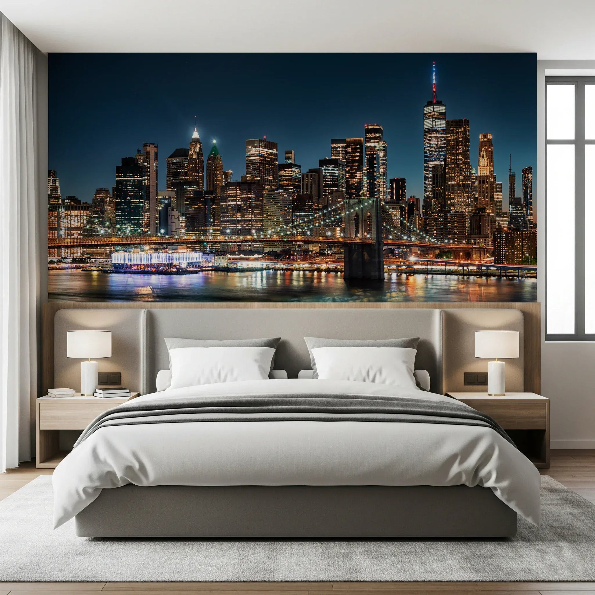 Midnight sky tones on an Urban Nightscape wall mural for a hallway.
