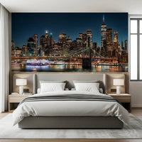 Midnight sky tones on an Urban Nightscape wall mural for a hallway.