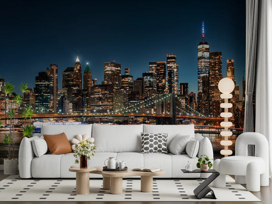 Urban Nightscape wall mural with glowing city lights in a modern living room.