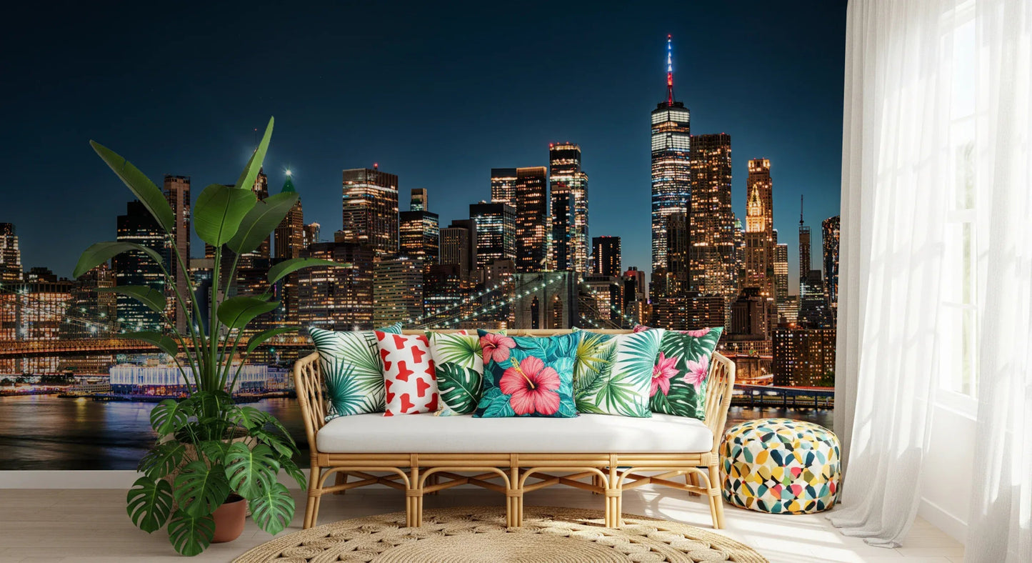 Dark evening skyline on an Urban Nightscape wall mural for a bedroom.