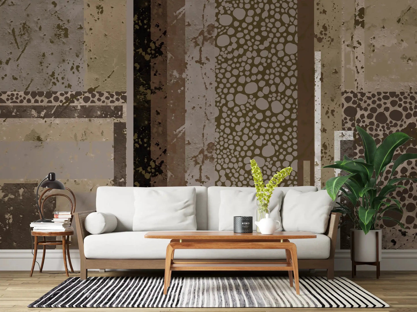 Weathered concrete texture sits beside walnut bands on Urban Patina Collage wall mural.GD9599